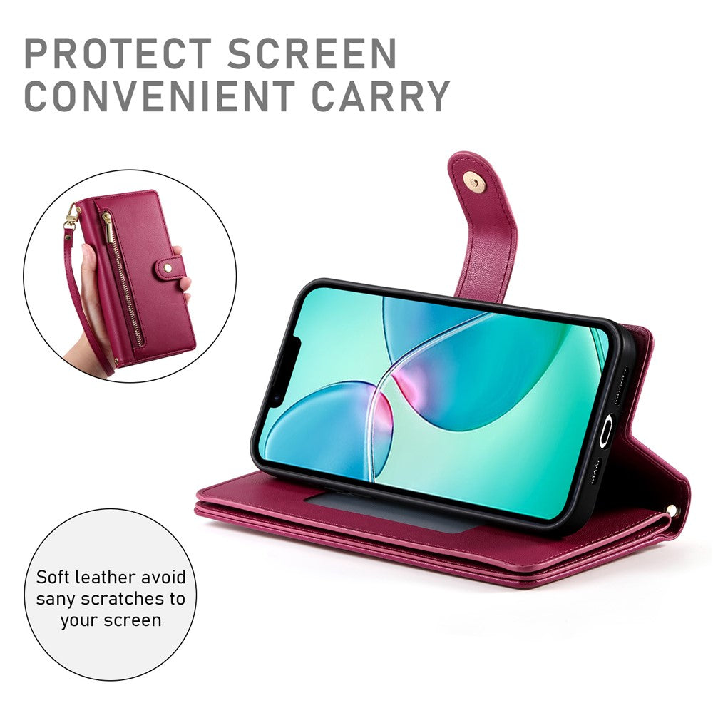 DF-011 For iPhone 17e / 16e Case Zipper Wallet PU Leather Crossbody Phone Bag