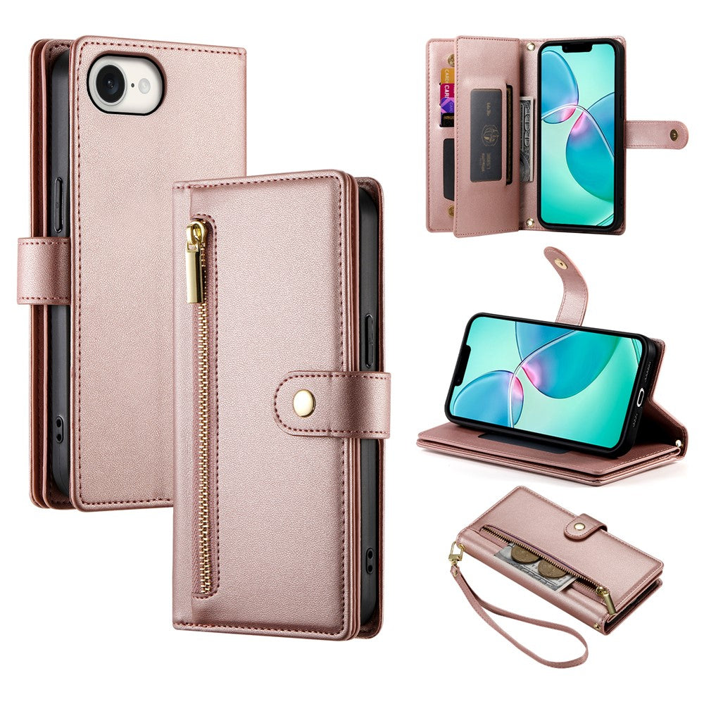 DF-011 For iPhone 17e / 16e Case Zipper Wallet PU Leather Crossbody Phone Bag