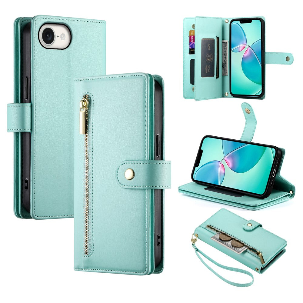 DF-011 For iPhone 17e / 16e Case Zipper Wallet PU Leather Crossbody Phone Bag