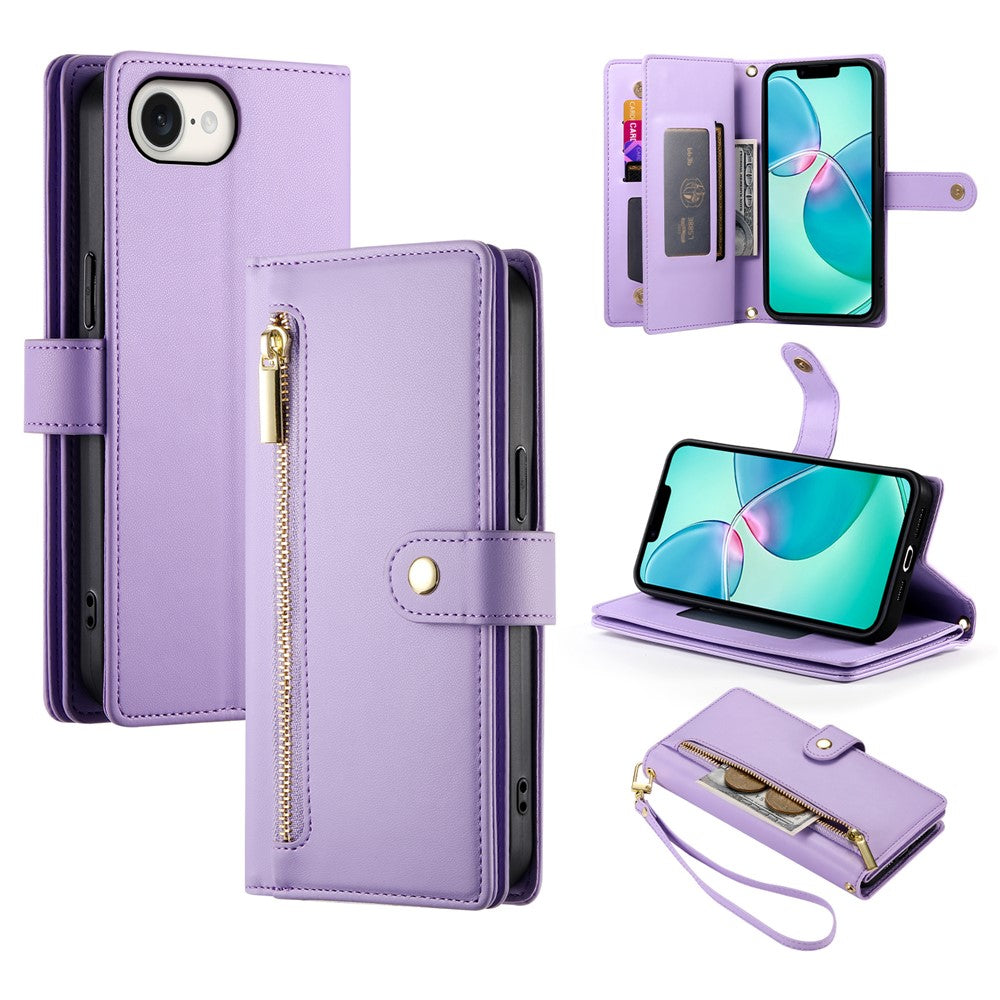 DF-011 For iPhone 17e / 16e Case Zipper Wallet PU Leather Crossbody Phone Bag