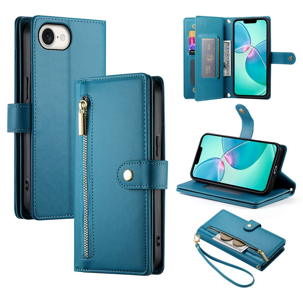 DF-011 For iPhone 17e / 16e Case Zipper Wallet PU Leather Crossbody Phone Bag