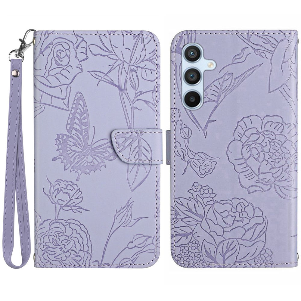 HT03 For Samsung Galaxy A16 5G / A16 4G Phone Case Butterfly Flower Imprint Leather Cover with Strap