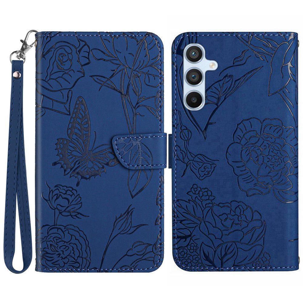 HT03 For Samsung Galaxy A16 5G / A16 4G Phone Case Butterfly Flower Imprint Leather Cover with Strap