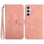 HT03 For Samsung Galaxy A16 5G / A16 4G Phone Case Butterfly Flower Imprint Leather Cover with Strap