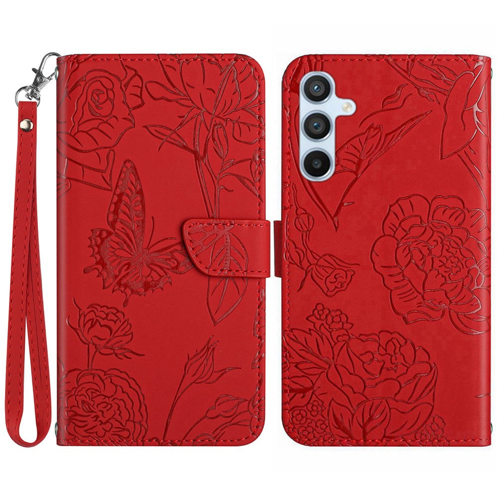 HT03 For Samsung Galaxy A16 5G / A16 4G Phone Case Butterfly Flower Imprint Leather Cover with Strap