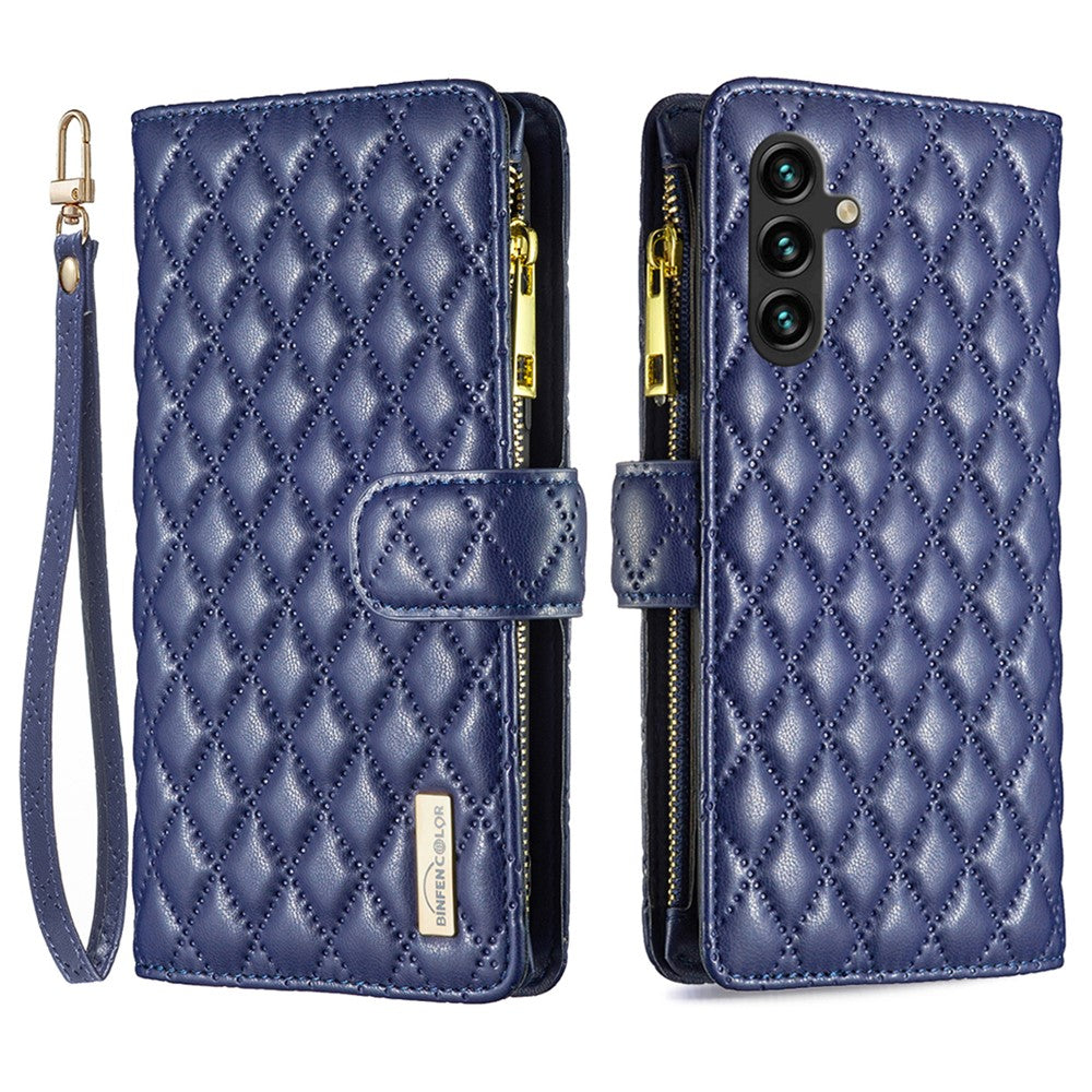 BINFEN COLOR BF Style-15 För Samsung Galaxy A16 5G / A16 4G Läderfodral Blixtlåsficka Rombiskt mobilfodral