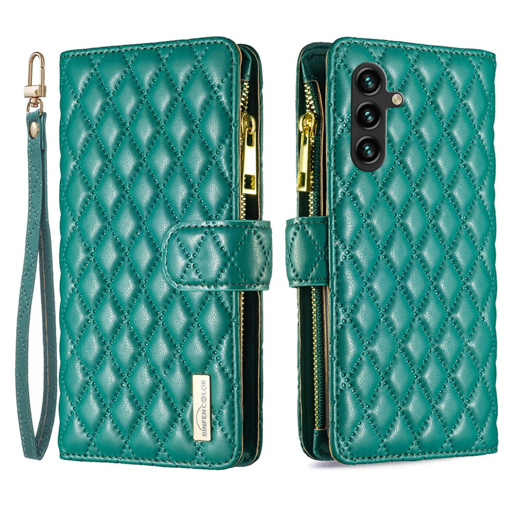 BINFEN COLOR BF Style-15 För Samsung Galaxy A16 5G / A16 4G Läderfodral Blixtlåsficka Rombiskt mobilfodral