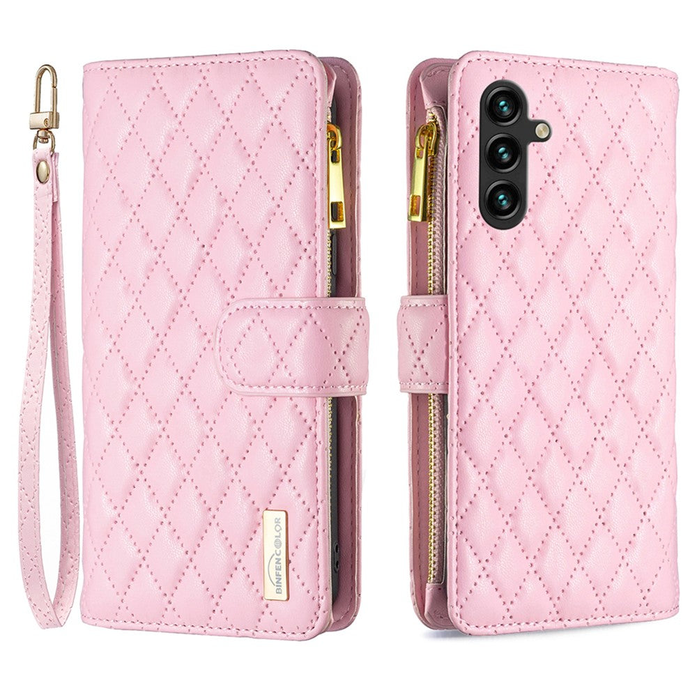 BINFEN COLOR BF Style-15 För Samsung Galaxy A16 5G / A16 4G Läderfodral Blixtlåsficka Rombiskt mobilfodral