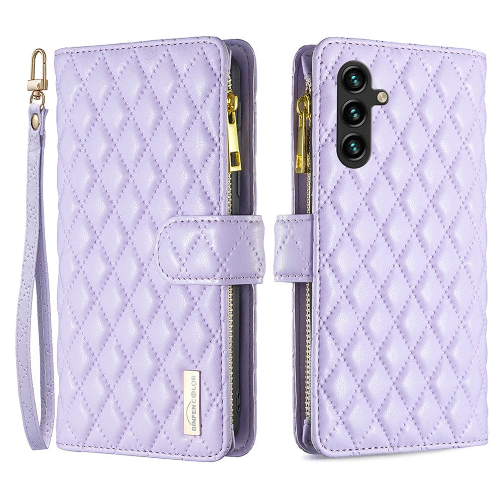 BINFEN COLOR BF Style-15 För Samsung Galaxy A16 5G / A16 4G Läderfodral Blixtlåsficka Rombiskt mobilfodral