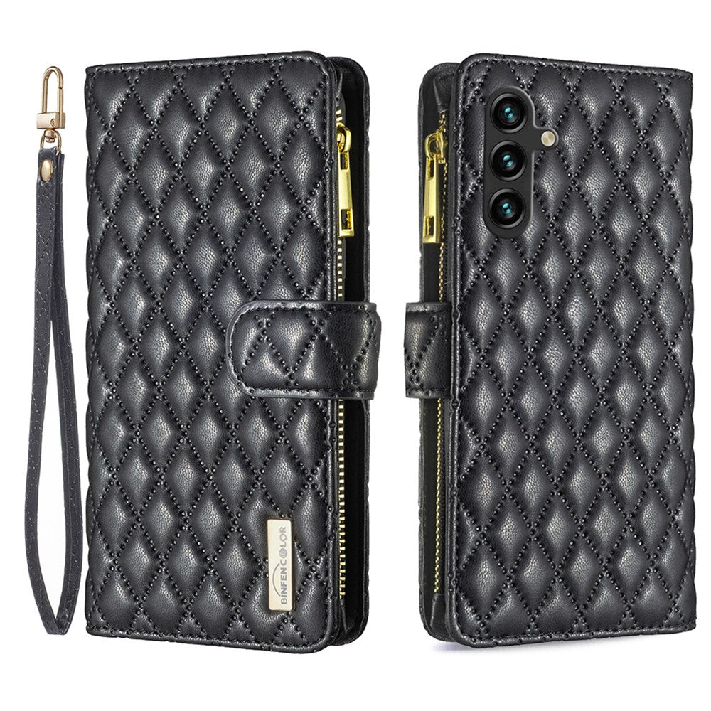 BINFEN COLOR BF Style-15 För Samsung Galaxy A16 5G / A16 4G Läderfodral Blixtlåsficka Rombiskt mobilfodral