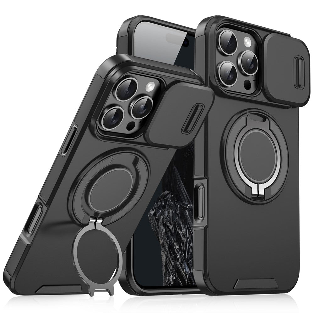For iPhone 14 Pro Max Magnetic Phone Case Slide Lens Protection Ring Kickstand TPU+PC Cover