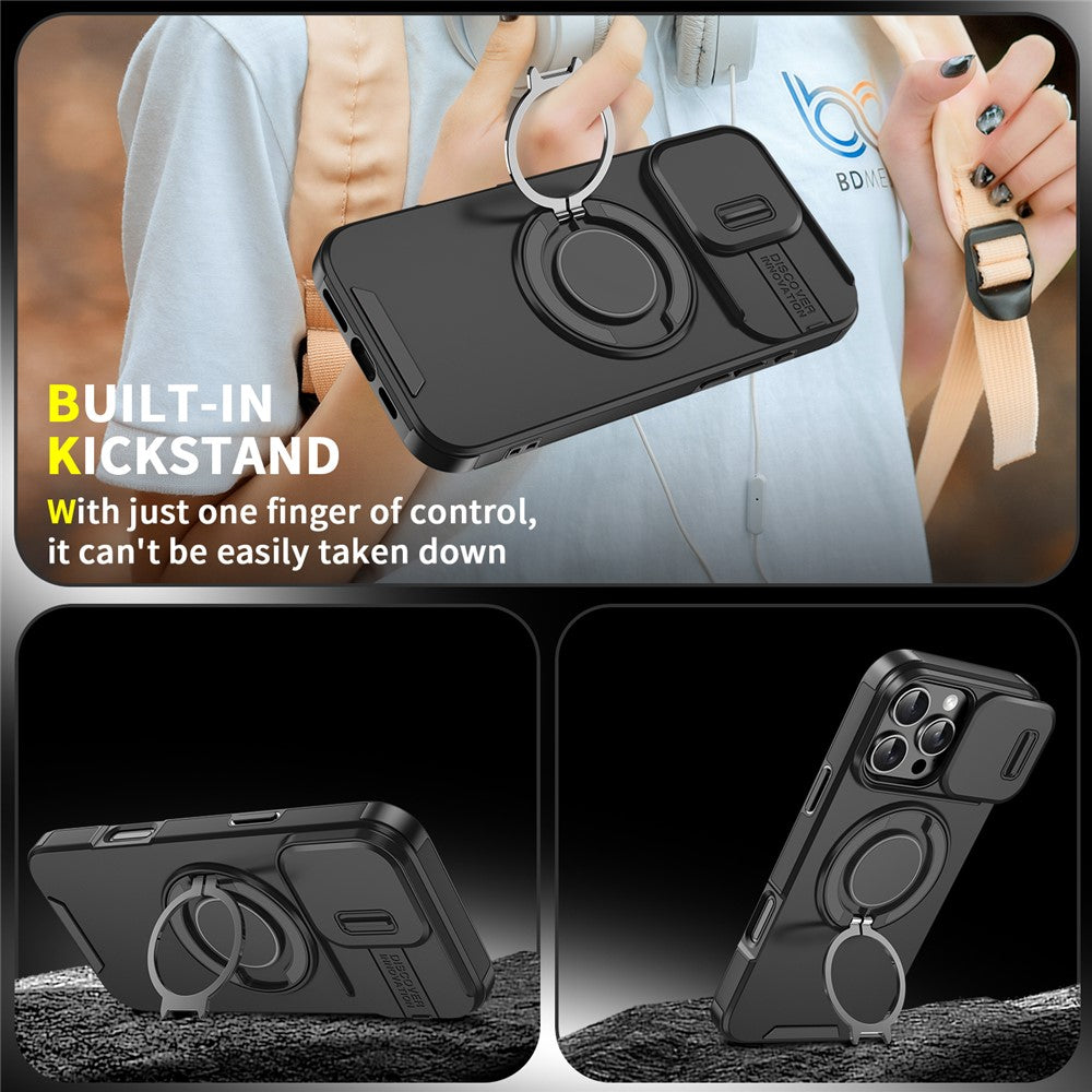 For iPhone 14 Pro Max Magnetic Phone Case Slide Lens Protection Ring Kickstand TPU+PC Cover