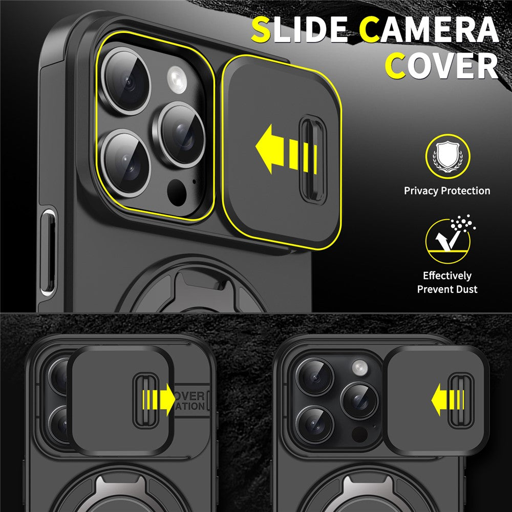 For iPhone 14 Pro Max Magnetic Phone Case Slide Lens Protection Ring Kickstand TPU+PC Cover