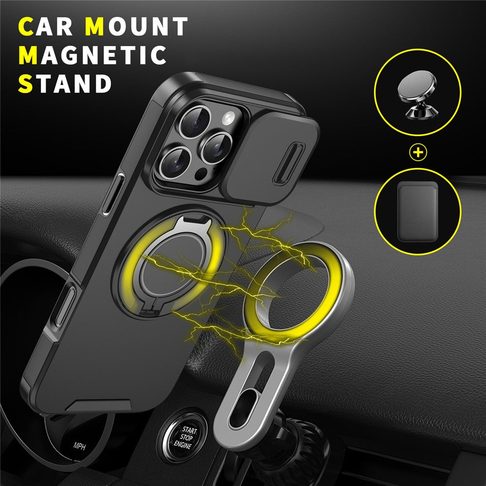 For iPhone 14 Pro Max Magnetic Phone Case Slide Lens Protection Ring Kickstand TPU+PC Cover