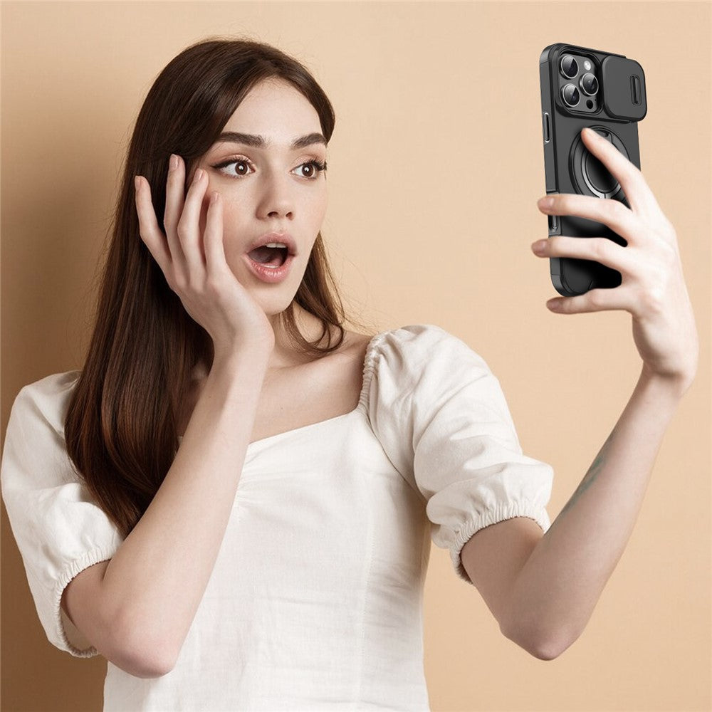 For iPhone 14 Pro Max Magnetic Phone Case Slide Lens Protection Ring Kickstand TPU+PC Cover