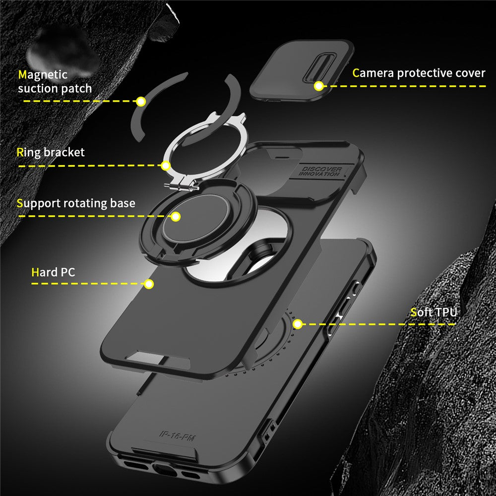 For iPhone 14 Pro Max Magnetic Phone Case Slide Lens Protection Ring Kickstand TPU+PC Cover
