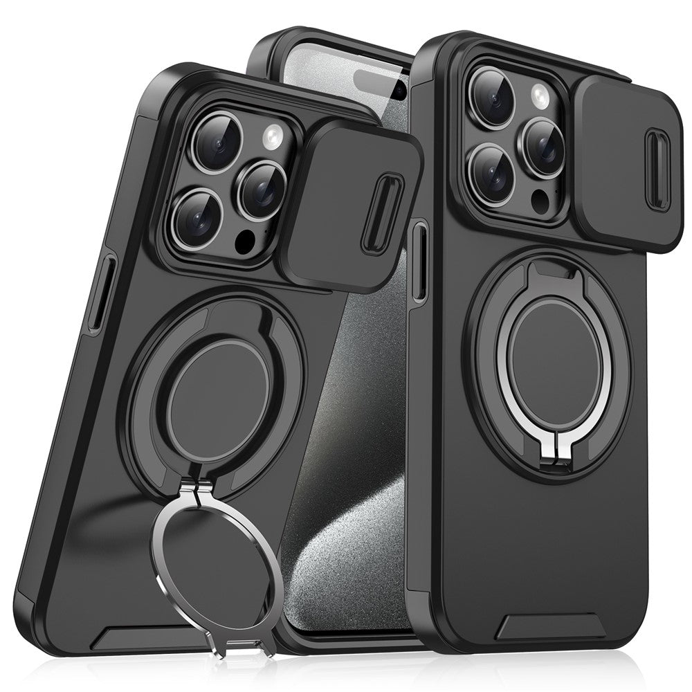 Til iPhone 15 Pro Magnetisk Telefoncover Skydbart Linsebeskyttelsesring Støtteben TPU+PC Cover