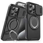 For iPhone 15 Pro Magnetic Phone Case Slide Lens Protection Ring Kickstand TPU+PC Cover