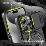 For iPhone 15 Pro Magnetic Phone Case Slide Lens Protection Ring Kickstand TPU+PC Cover