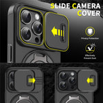 For iPhone 15 Pro Magnetic Phone Case Slide Lens Protection Ring Kickstand TPU+PC Cover