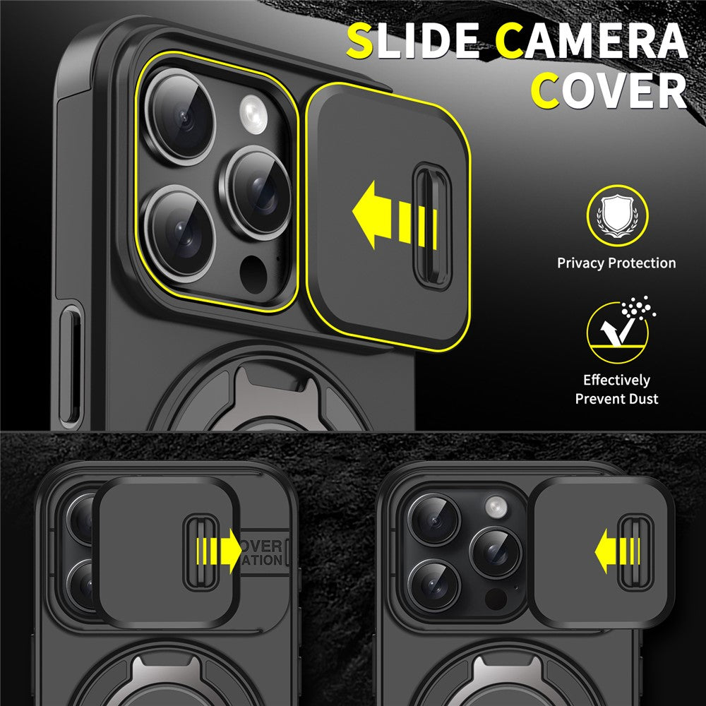 For iPhone 15 Pro Magnetic Phone Case Slide Lens Protection Ring Kickstand TPU+PC Cover