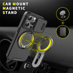 For iPhone 15 Pro Magnetic Phone Case Slide Lens Protection Ring Kickstand TPU+PC Cover