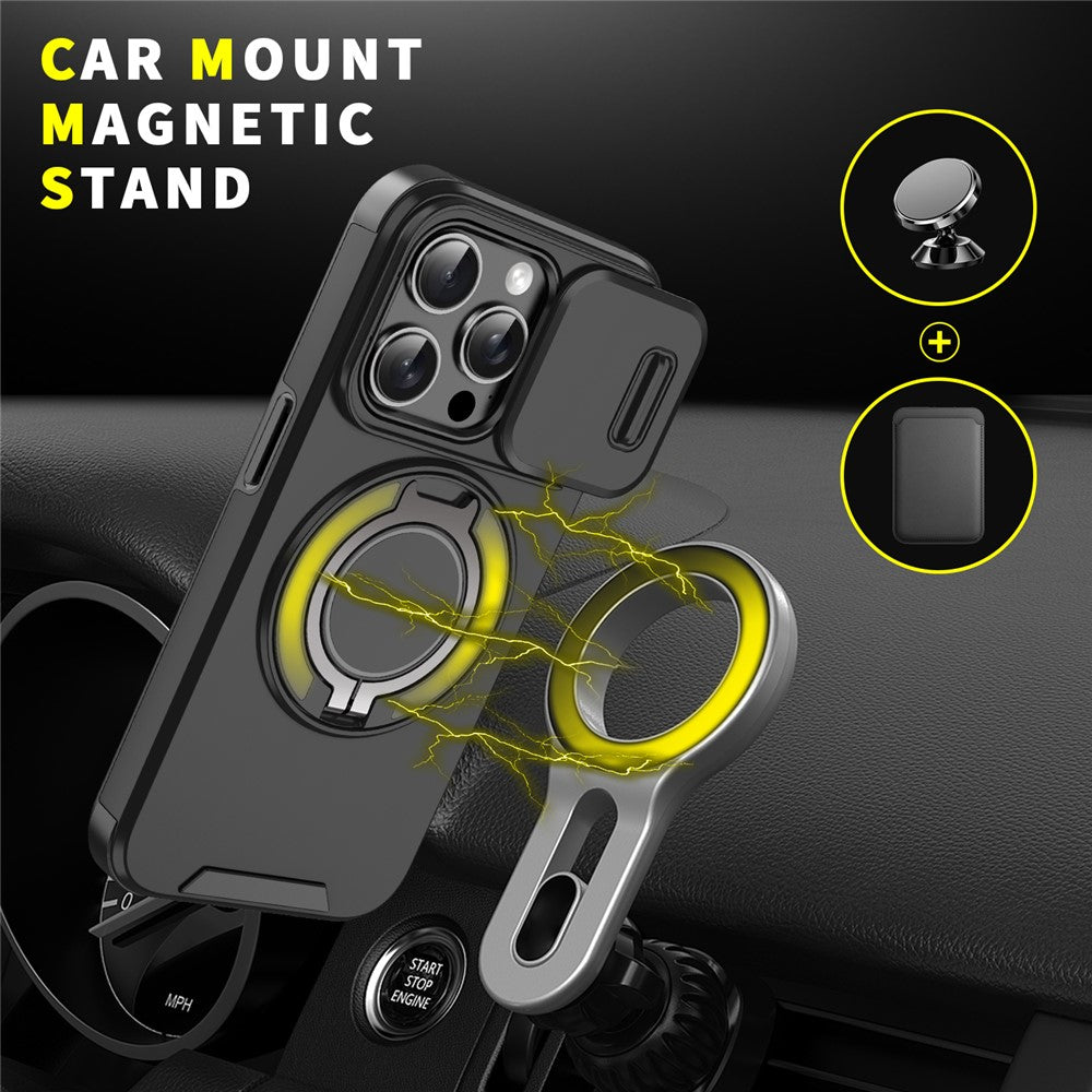 For iPhone 15 Pro Magnetic Phone Case Slide Lens Protection Ring Kickstand TPU+PC Cover