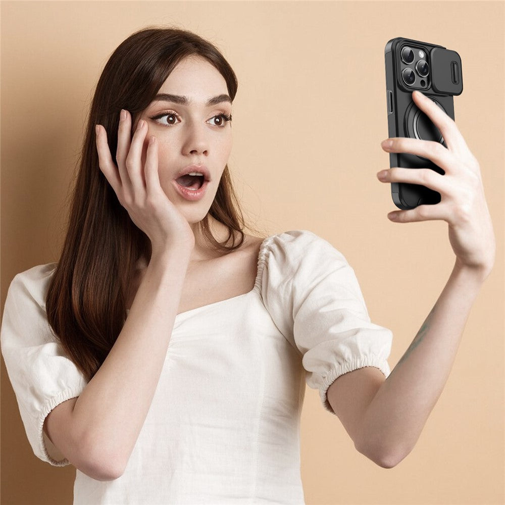 For iPhone 15 Pro Magnetic Phone Case Slide Lens Protection Ring Kickstand TPU+PC Cover