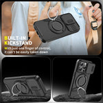For iPhone 15 Pro Magnetic Phone Case Slide Lens Protection Ring Kickstand TPU+PC Cover