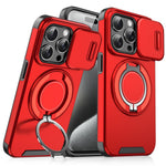 For iPhone 15 Pro Magnetic Phone Case Slide Lens Protection Ring Kickstand TPU+PC Cover
