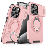 For iPhone 15 Pro Magnetic Phone Case Slide Lens Protection Ring Kickstand TPU+PC Cover