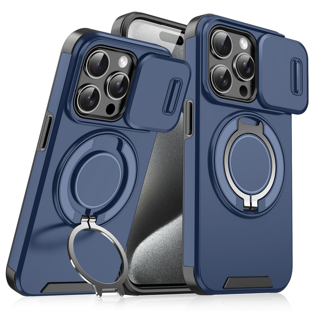 For iPhone 15 Pro Magnetic Phone Case Slide Lens Protection Ring Kickstand TPU+PC Cover