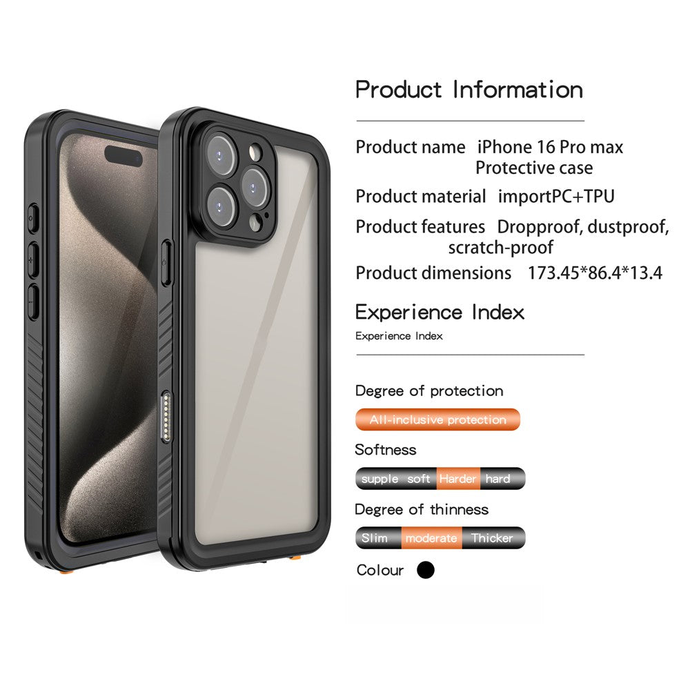REDPEPPER FS-serien til iPhone 16 Pro Max telefoncover IP68 Vandtæt telefoncover med klar bagside
