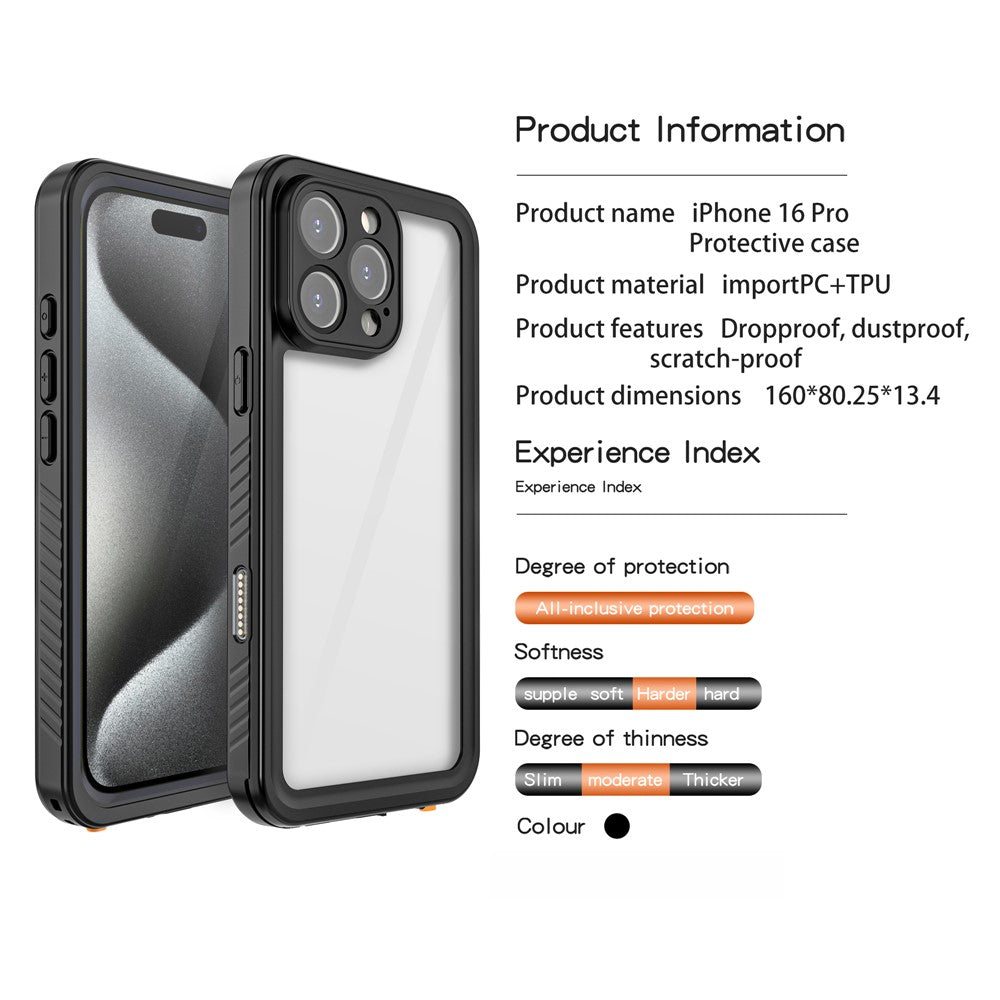 REDPEPPER FS-serien för iPhone 16 Pro, IP68 vattentätt, genomskinligt bakpanelsfodral