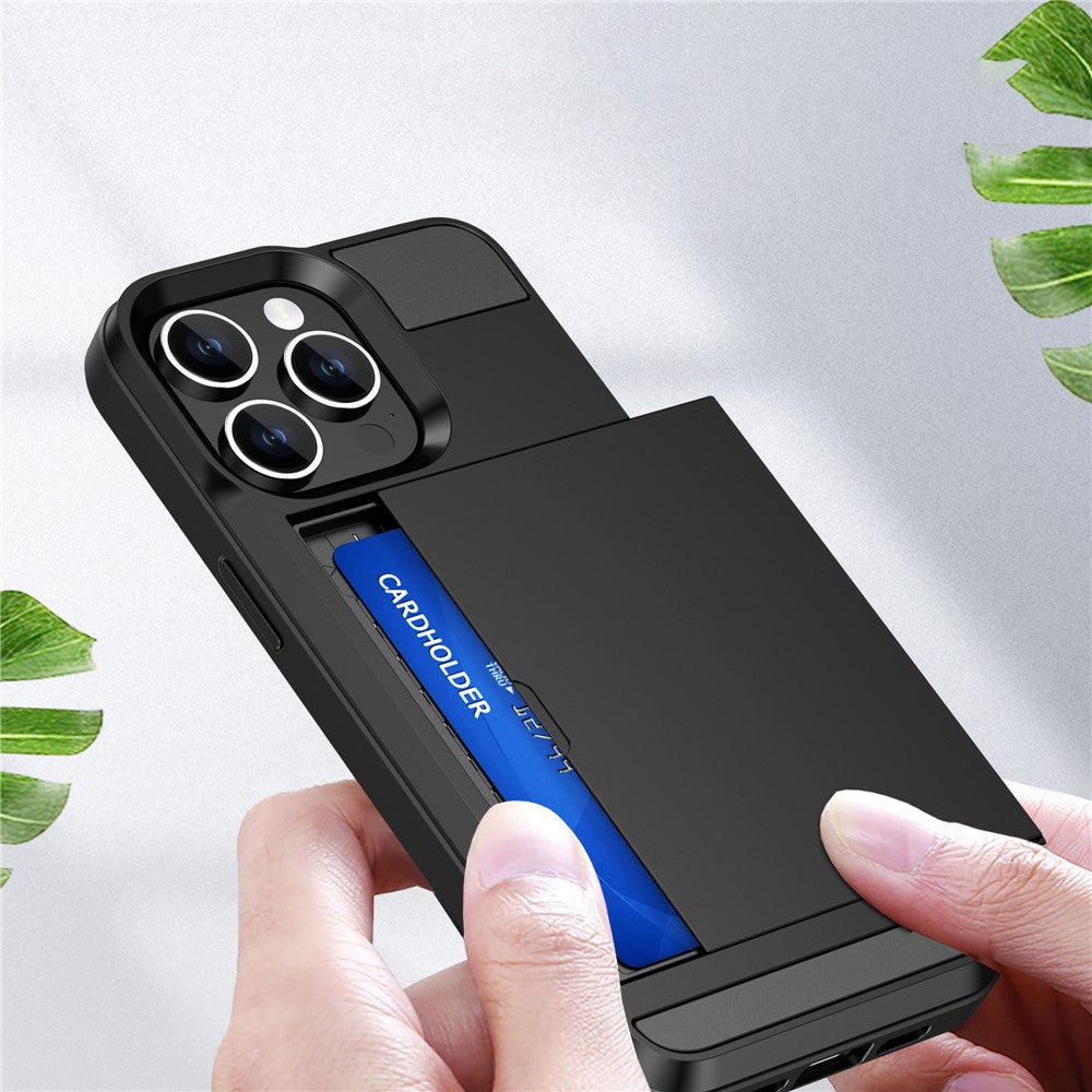 Til iPhone 16 Pro Cover med Skydbar Kortlomme PC+TPU Telefonbagside