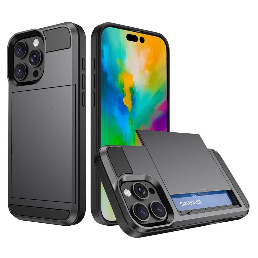 Til iPhone 16 Pro Cover med Skydbar Kortlomme PC+TPU Telefonbagside