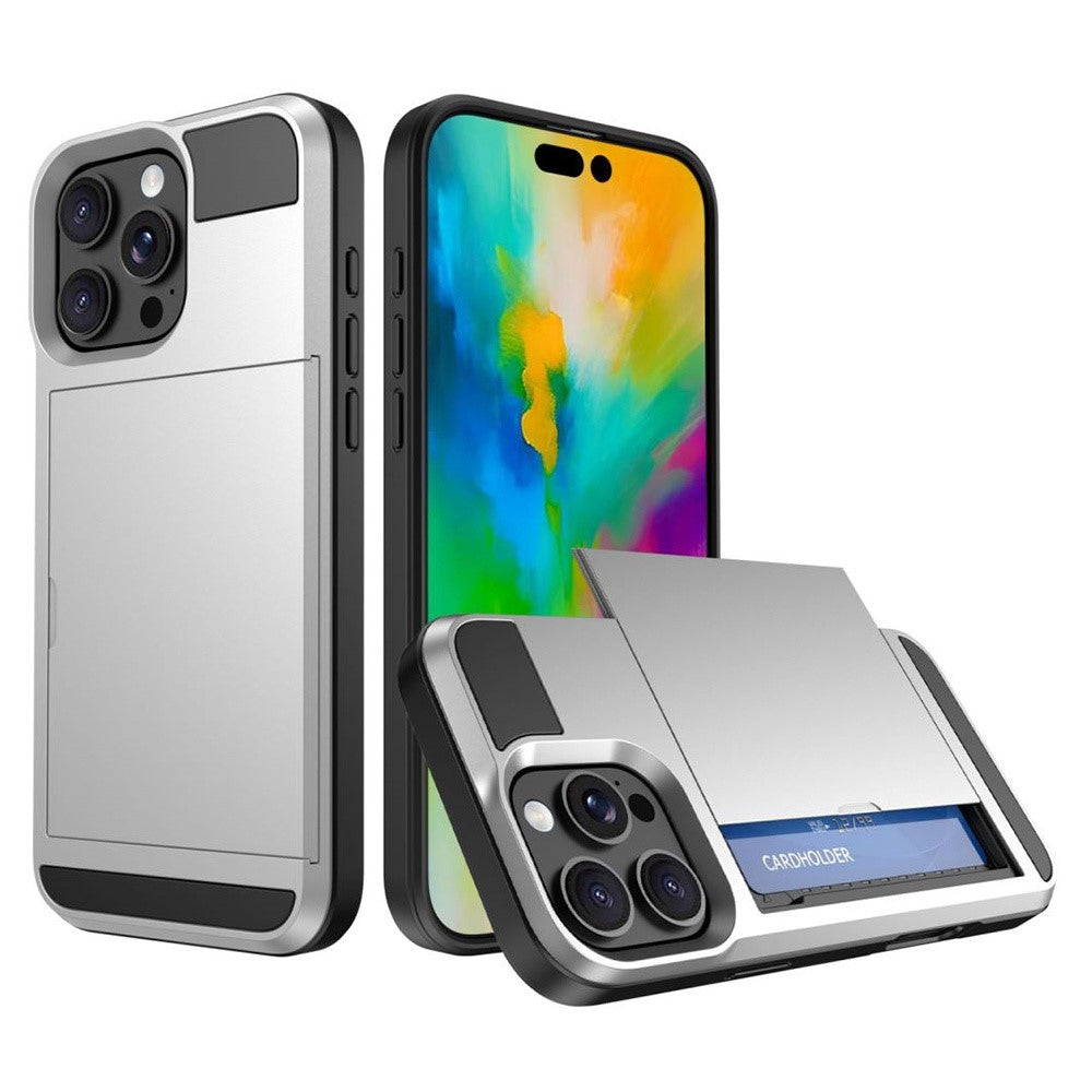 Til iPhone 16 Pro Cover med Skydbar Kortlomme PC+TPU Telefonbagside
