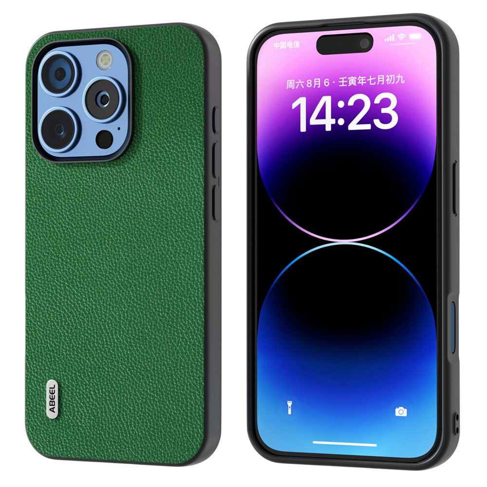 ABEEL For iPhone 16 Pro Max Case Litchi Texture Genuine Cow Leather+PC Phone Cover