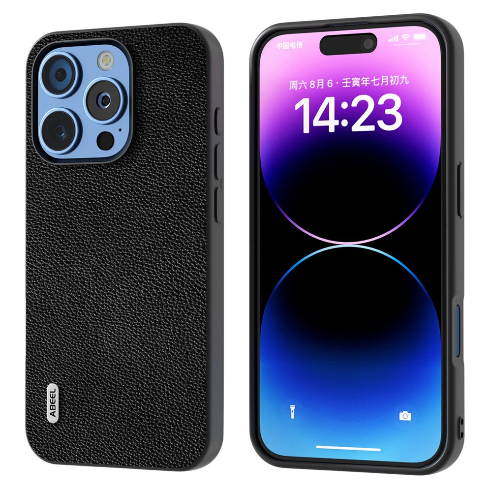 ABEEL For iPhone 16 Pro Case Litchi Texture Genuine Cow Leather+PC Phone Cover