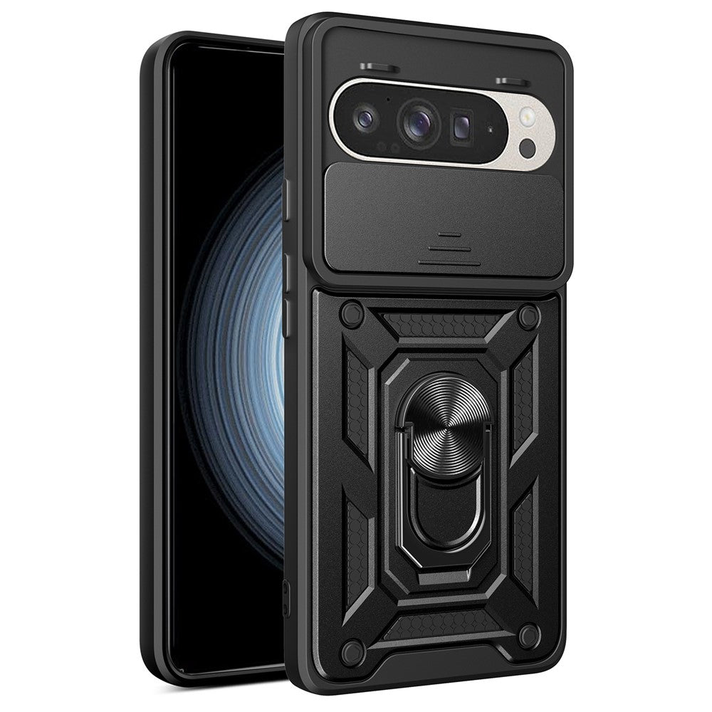 Til Google Pixel 9 Pro / Pixel 9 cover med skydelåg til kamera, PC+TPU Kickstand telefoncover