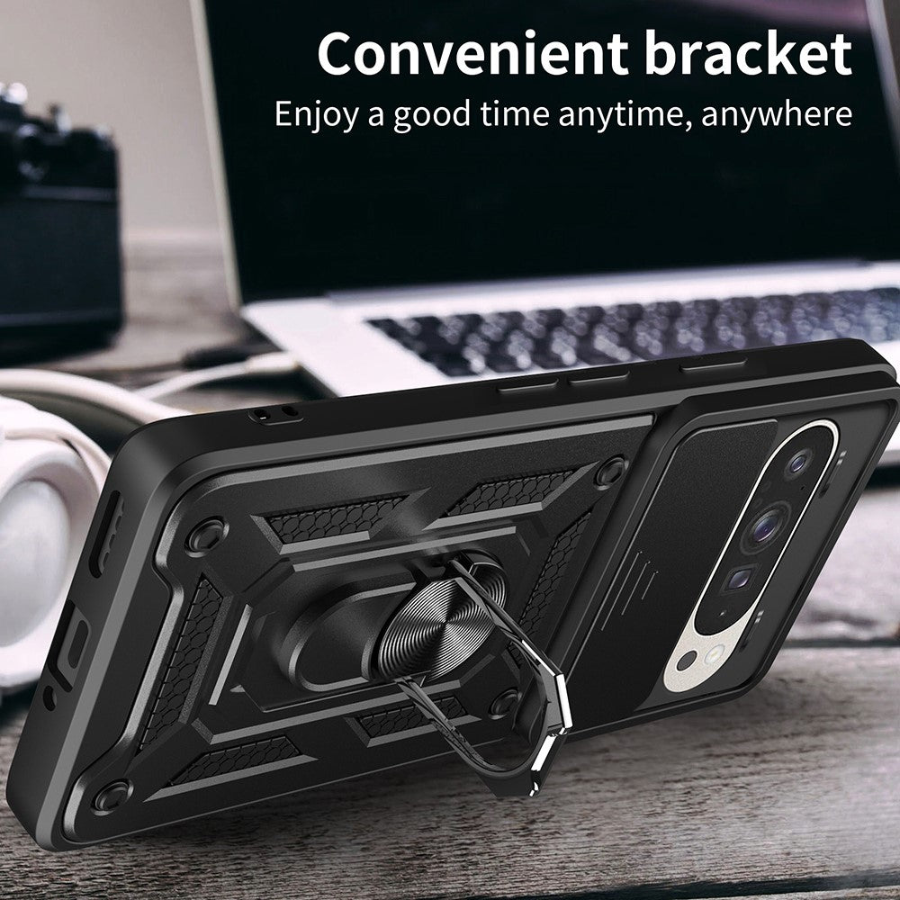 Til Google Pixel 9 Pro / Pixel 9 cover med skydelåg til kamera, PC+TPU Kickstand telefoncover