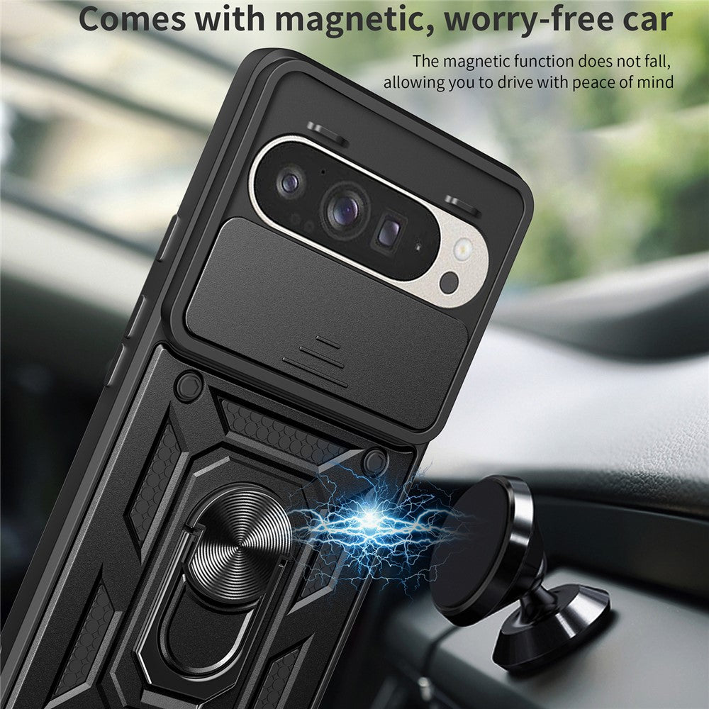 Til Google Pixel 9 Pro / Pixel 9 cover med skydelåg til kamera, PC+TPU Kickstand telefoncover