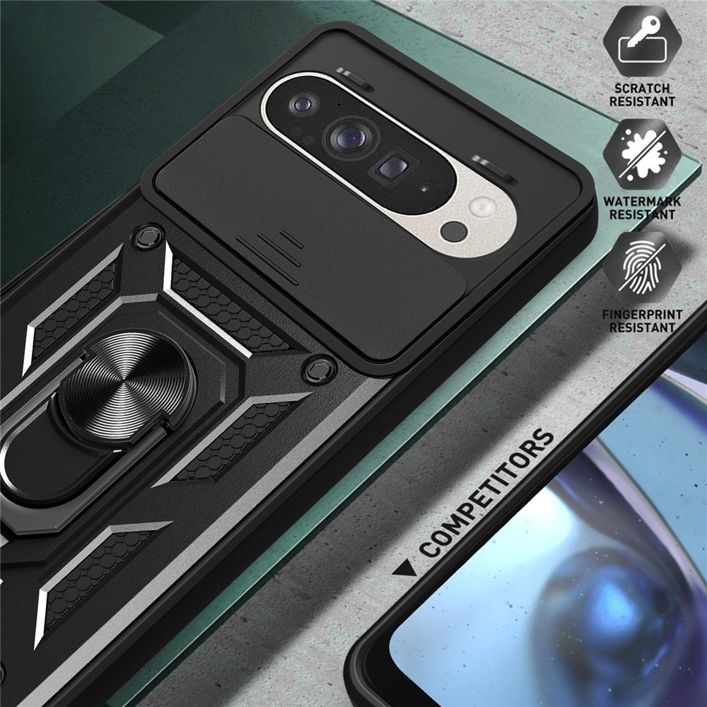 Til Google Pixel 9 Pro / Pixel 9 cover med skydelåg til kamera, PC+TPU Kickstand telefoncover