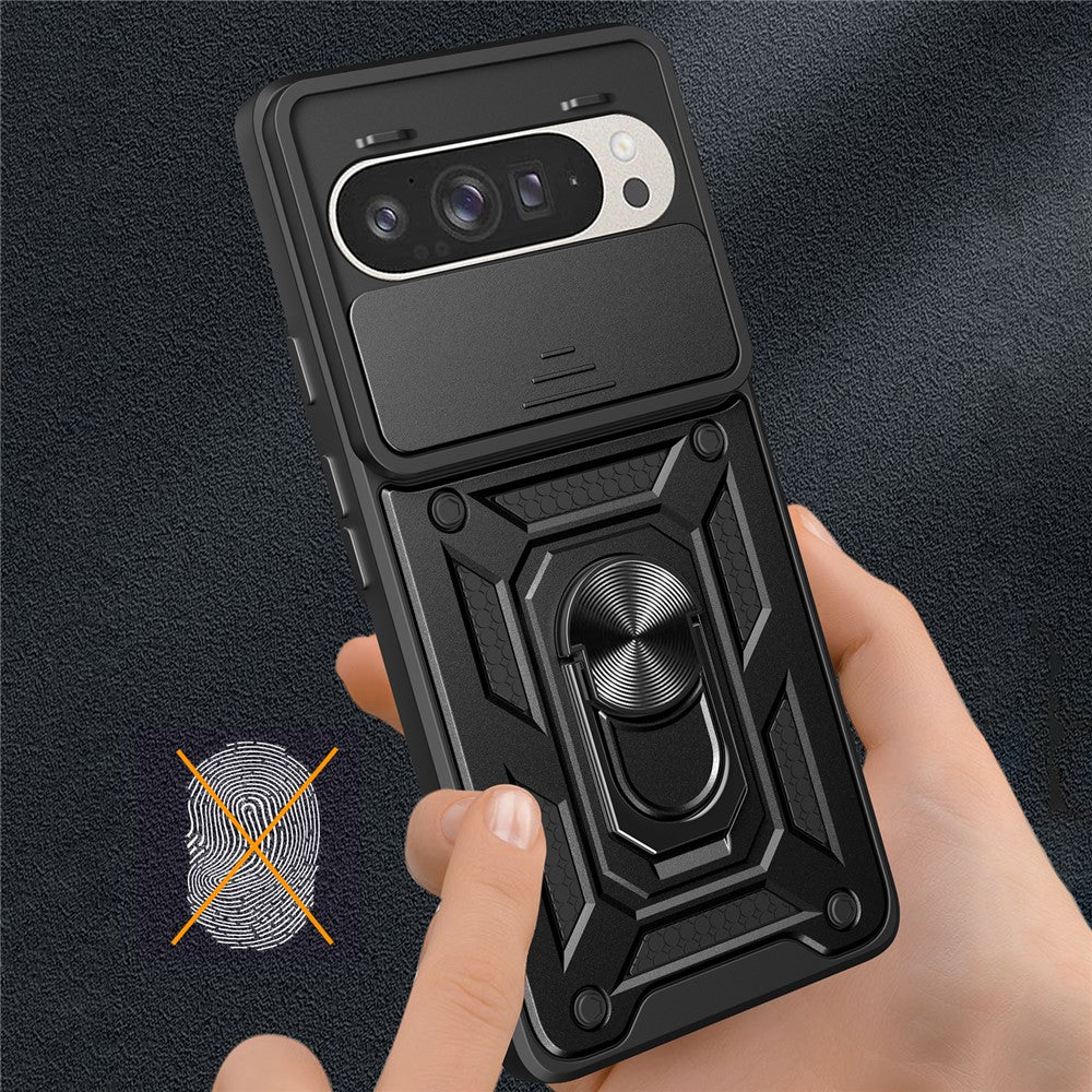 Til Google Pixel 9 Pro / Pixel 9 cover med skydelåg til kamera, PC+TPU Kickstand telefoncover