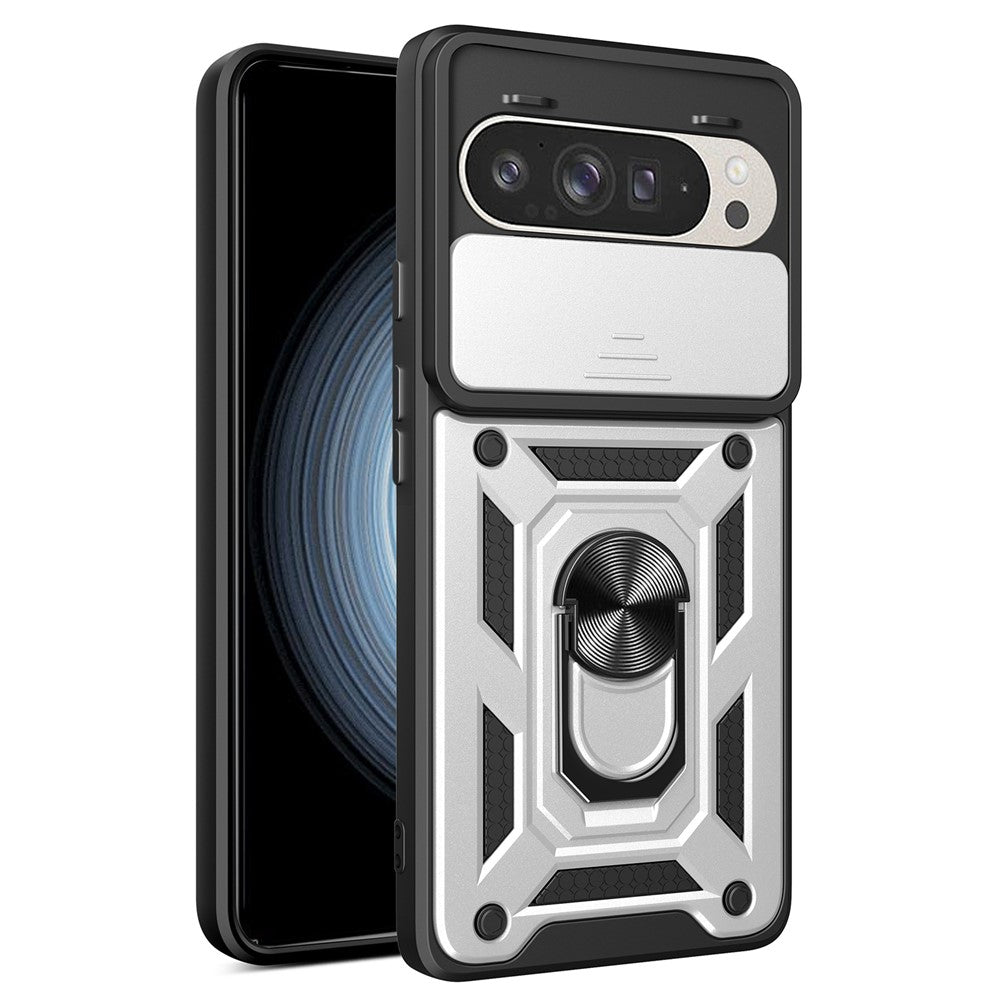 Til Google Pixel 9 Pro / Pixel 9 cover med skydelåg til kamera, PC+TPU Kickstand telefoncover