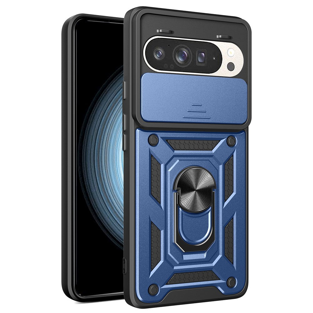 Til Google Pixel 9 Pro / Pixel 9 cover med skydelåg til kamera, PC+TPU Kickstand telefoncover