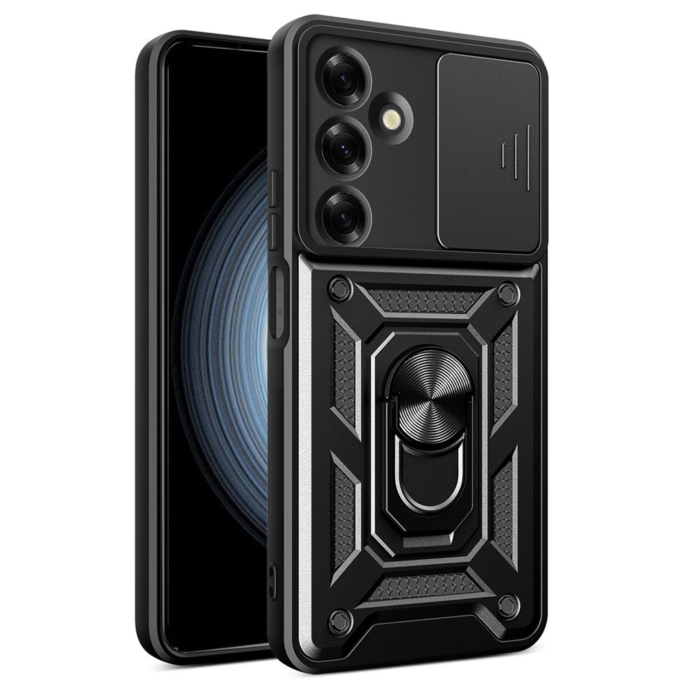 For Samsung Galaxy M35 5G Case with Slide Camera Lid PC+TPU Kickstand Phone Cover