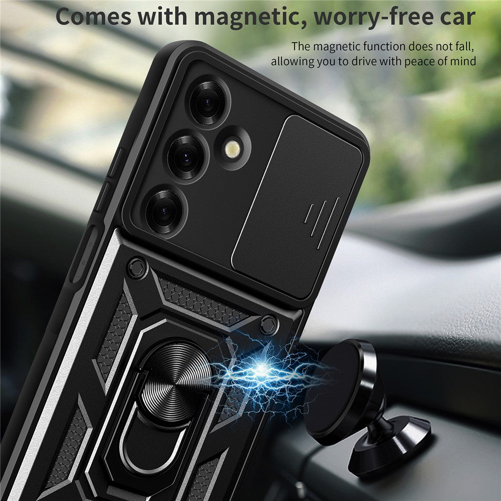 For Samsung Galaxy M35 5G Case with Slide Camera Lid PC+TPU Kickstand Phone Cover
