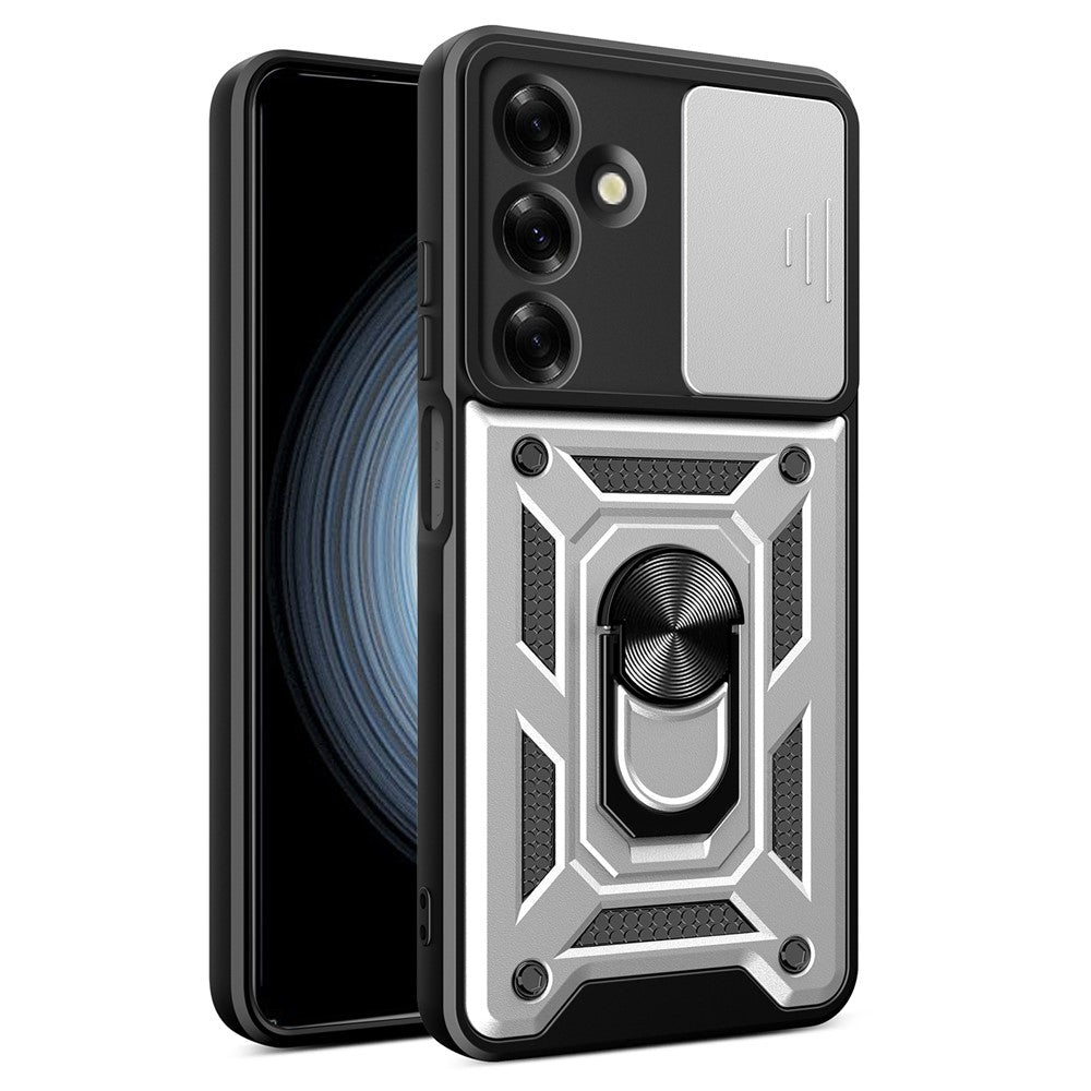 For Samsung Galaxy M35 5G Case with Slide Camera Lid PC+TPU Kickstand Phone Cover