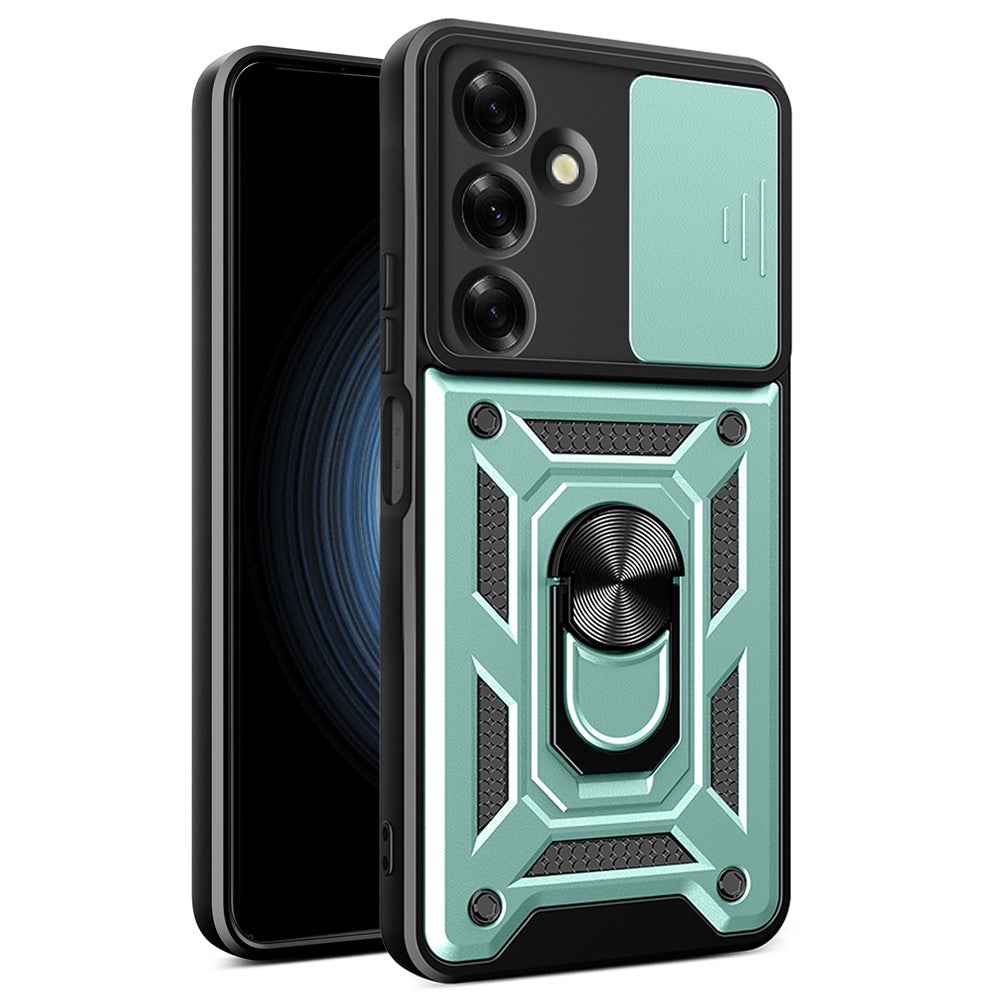 For Samsung Galaxy M35 5G Case with Slide Camera Lid PC+TPU Kickstand Phone Cover